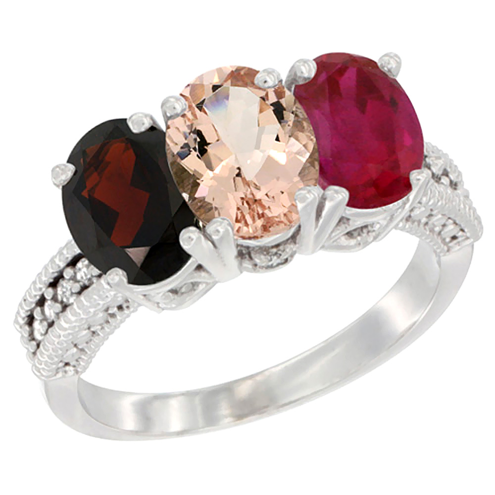 14K White Gold Natural Garnet, Morganite & Enhanced Ruby Ring 3-Stone 7x5 mm Oval Diamond Accent, sizes 5 - 10