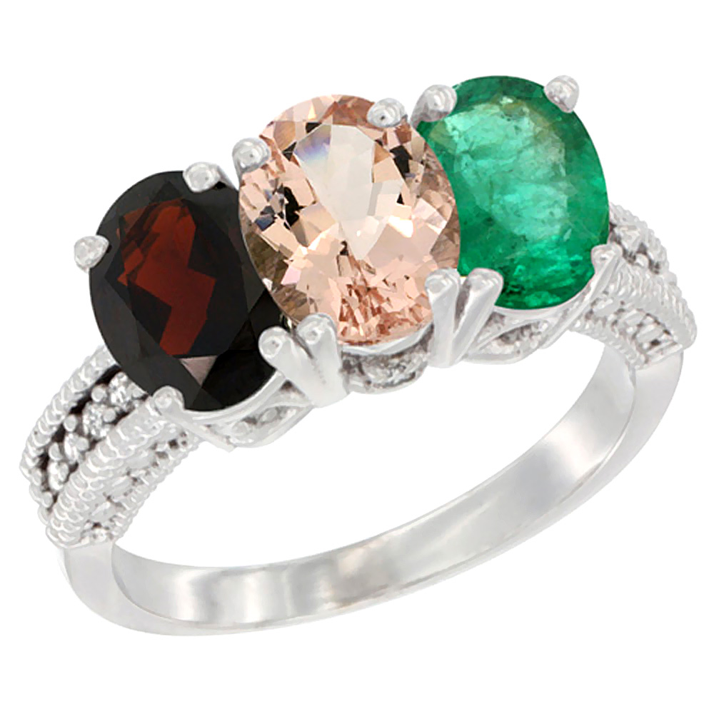 14K White Gold Natural Garnet, Morganite & Emerald Ring 3-Stone 7x5 mm Oval Diamond Accent, sizes 5 - 10