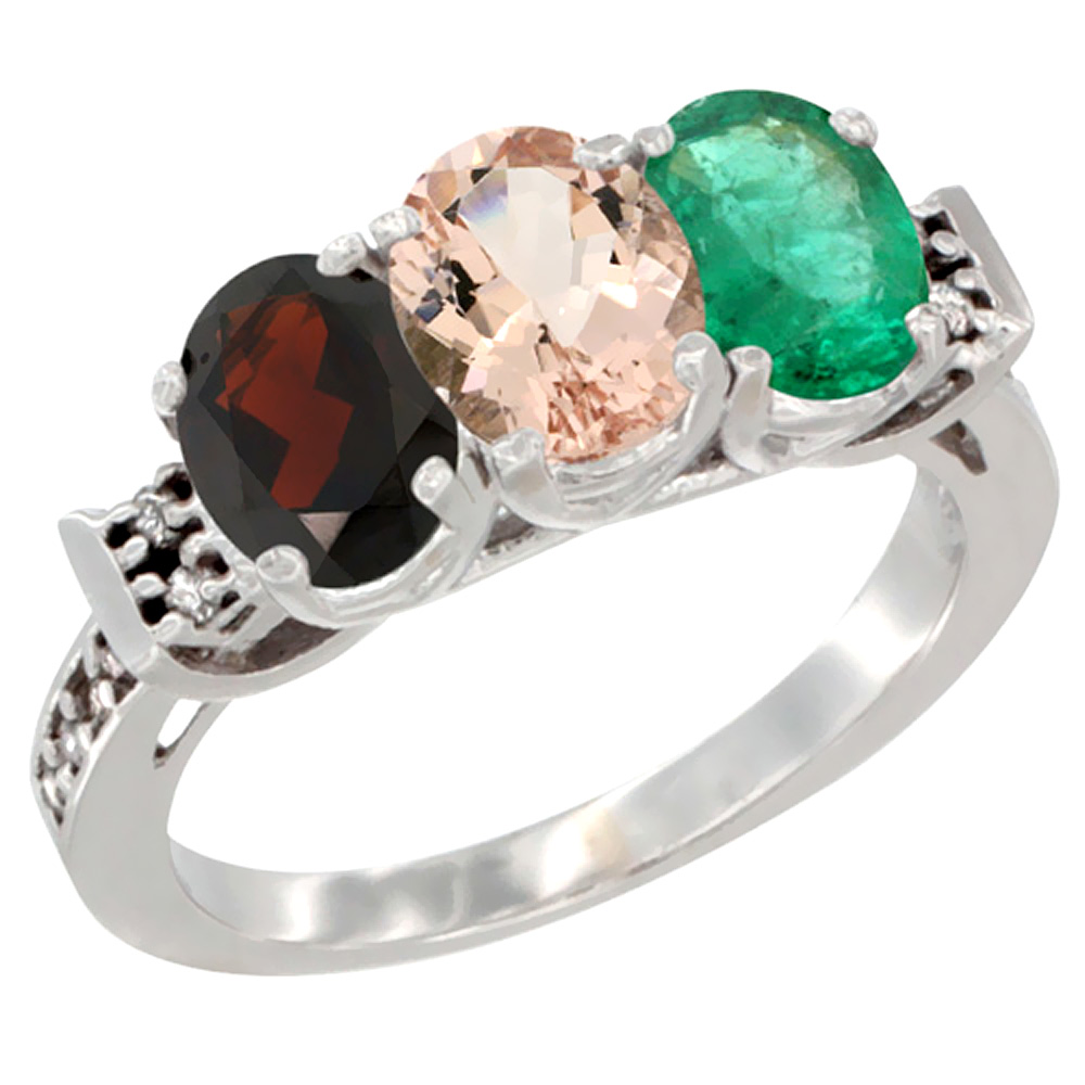 14K White Gold Natural Garnet, Morganite & Emerald Ring 3-Stone 7x5 mm Oval Diamond Accent, sizes 5 - 10