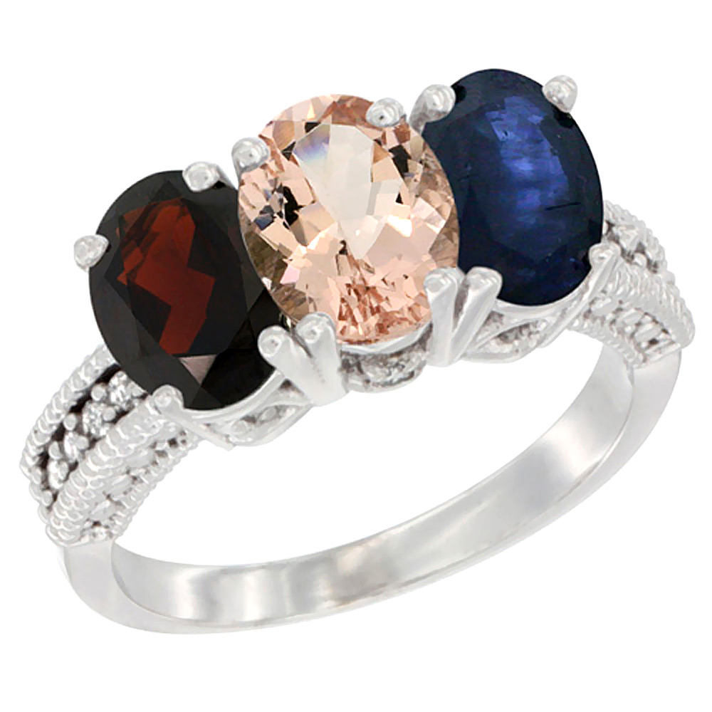 14K White Gold Natural Garnet, Morganite &amp; Blue Sapphire Ring 3-Stone 7x5 mm Oval Diamond Accent, sizes 5 - 10