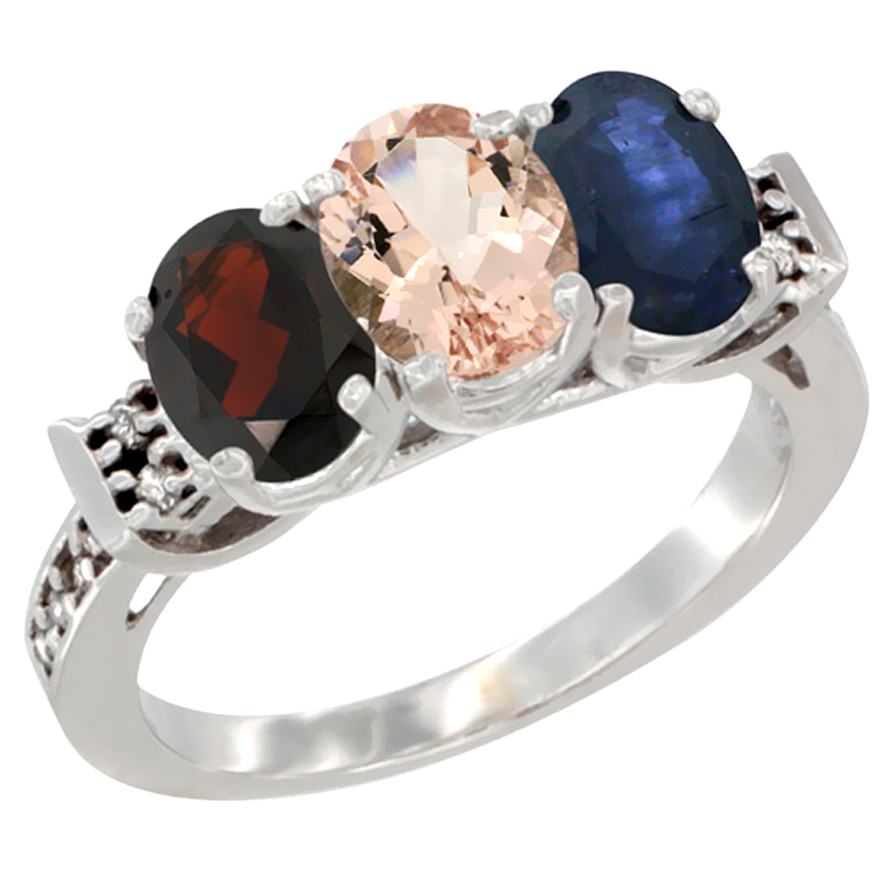 14K White Gold Natural Garnet, Morganite &amp; Blue Sapphire Ring 3-Stone 7x5 mm Oval Diamond Accent, sizes 5 - 10
