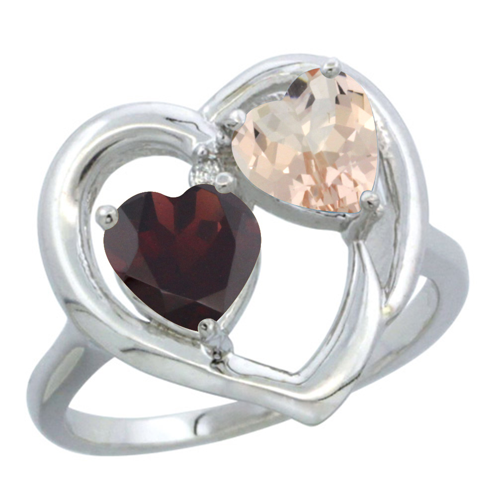 10K White Gold Diamond Two-stone Heart Ring 6mm Natural Garnet & Morganite, sizes 5-10