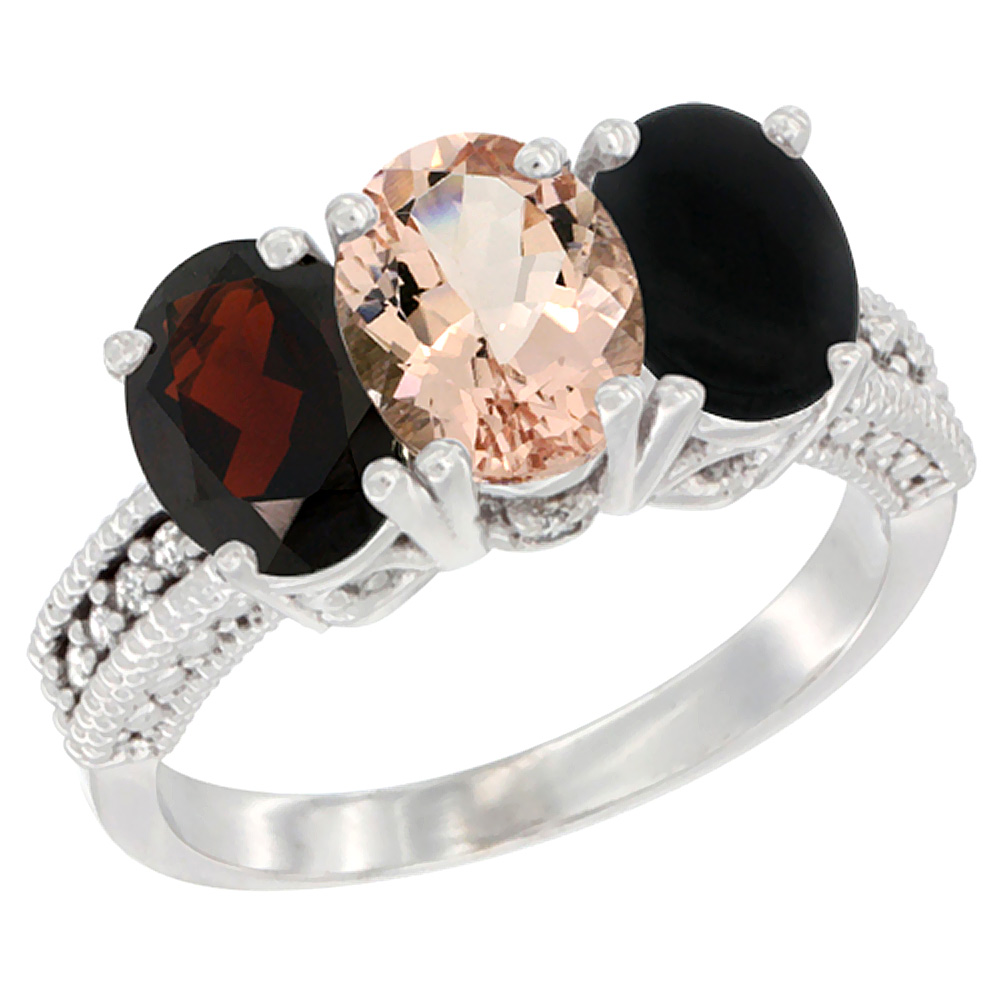14K White Gold Natural Garnet, Morganite & Black Onyx Ring 3-Stone 7x5 mm Oval Diamond Accent, sizes 5 - 10