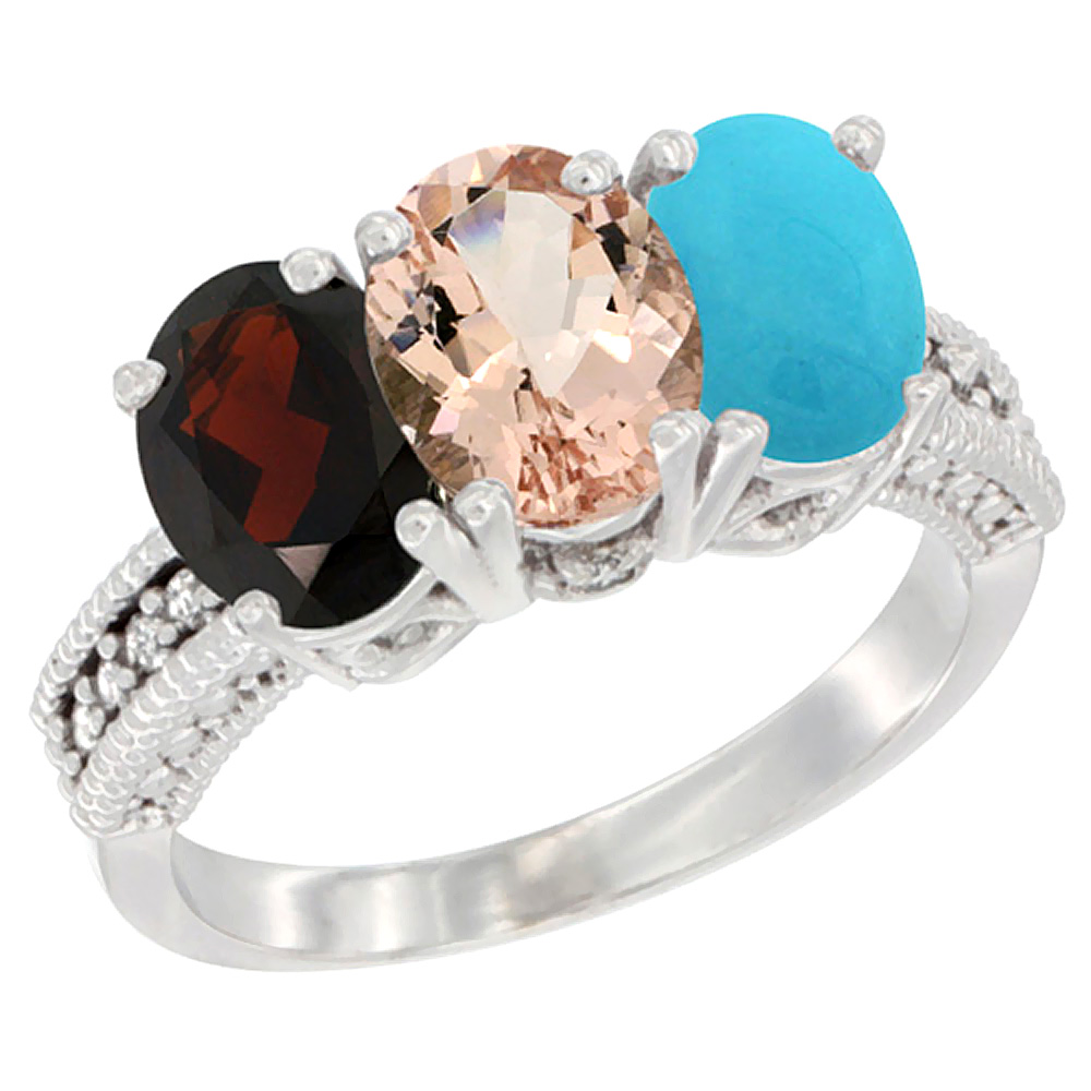10K White Gold Natural Garnet, Morganite &amp; Turquoise Ring 3-Stone Oval 7x5 mm Diamond Accent, sizes 5 - 10