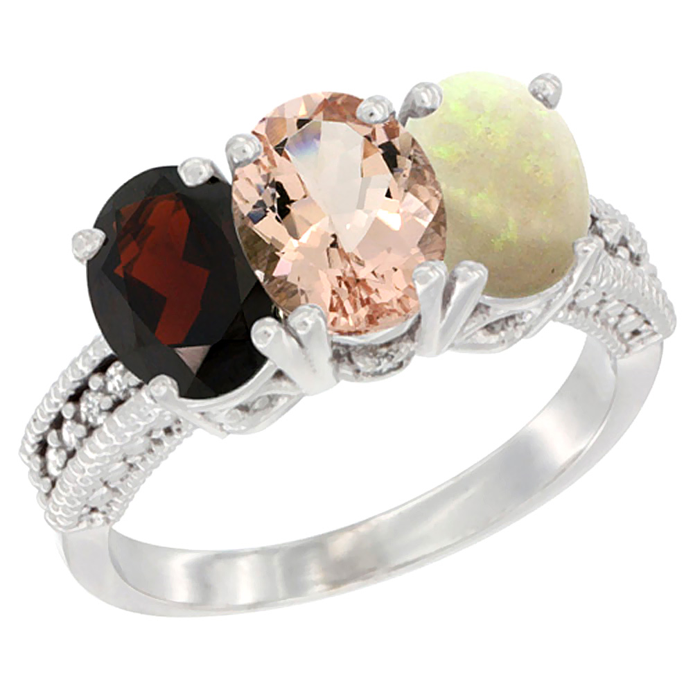 14K White Gold Natural Garnet, Morganite &amp; Opal Ring 3-Stone 7x5 mm Oval Diamond Accent, sizes 5 - 10