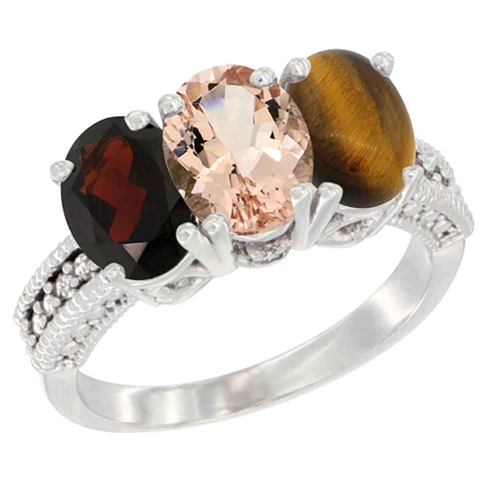 14K White Gold Natural Garnet, Morganite &amp; Tiger Eye Ring 3-Stone 7x5 mm Oval Diamond Accent, sizes 5 - 10