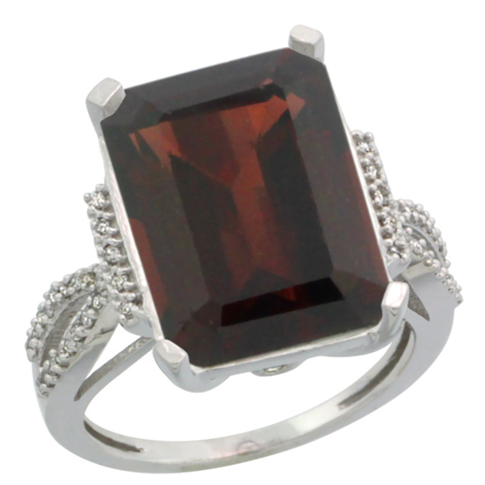 10K White Gold Diamond Natural Mozambique Garnet Engagement Ring Emerald-cut 16x12mm, size 5-10