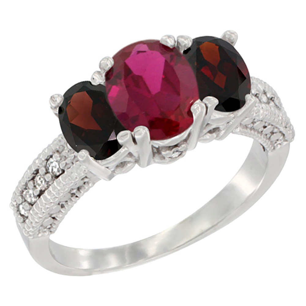 10K White Gold Diamond Enhanced Ruby Ring Oval 3-stone with Garnet, sizes 5 - 10