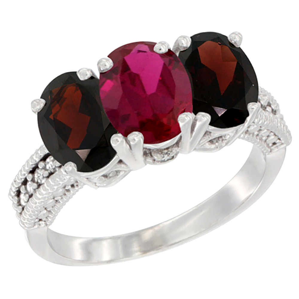 14K White Gold Natural Enhanced Ruby &amp; Natural Garnet Sides Ring 3-Stone 7x5 mm Oval Diamond Accent, sizes 5 - 10