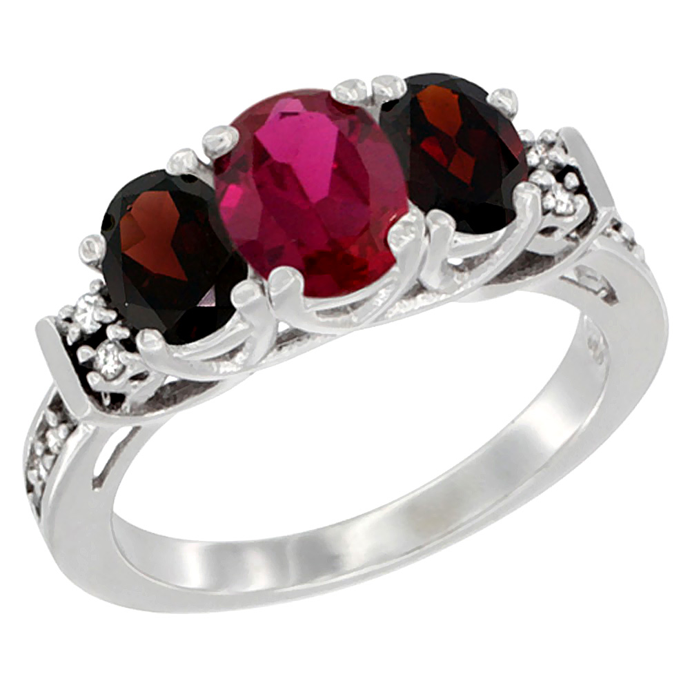 14K White Gold Natural Quality Ruby & Garnet 3-stone Mothers Ring Oval Diamond Accent, size 5-10