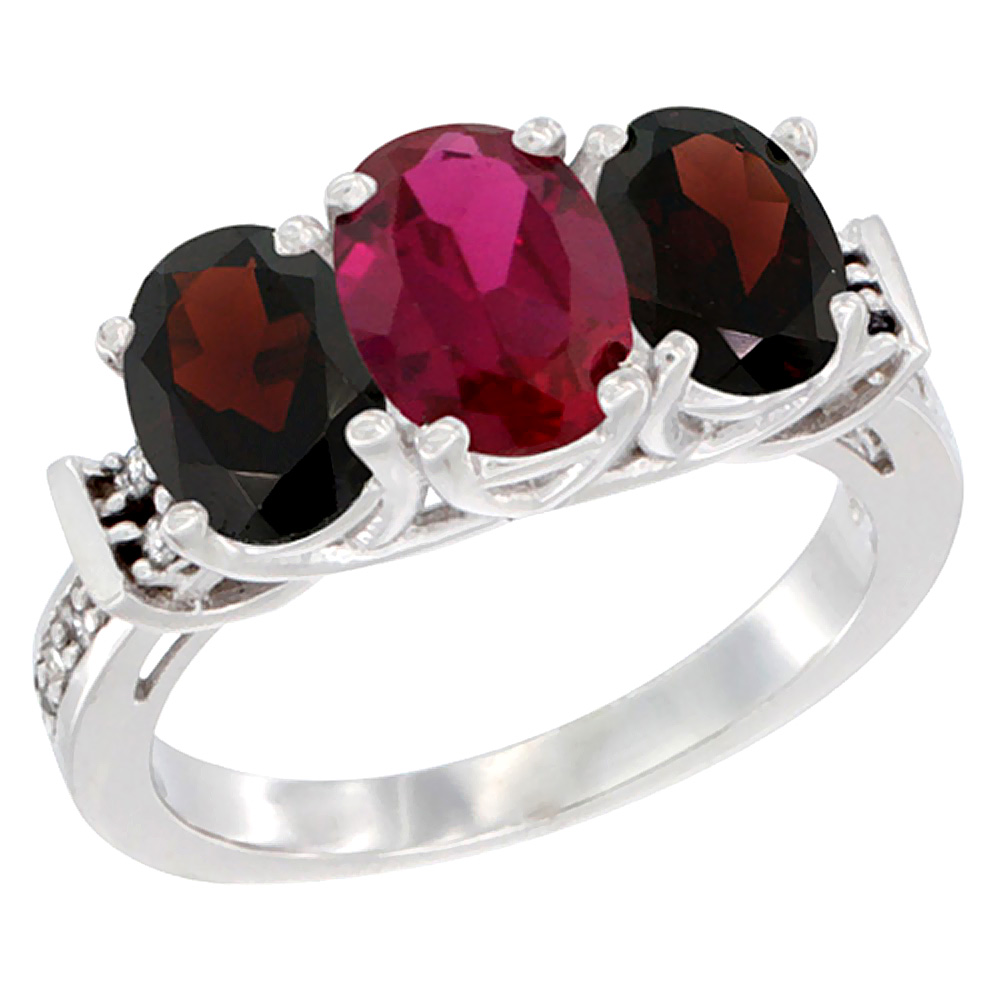 14K White Gold Natural High Quality Ruby & Garnet Sides Ring 3-Stone Oval Diamond Accent, sizes 5 - 10