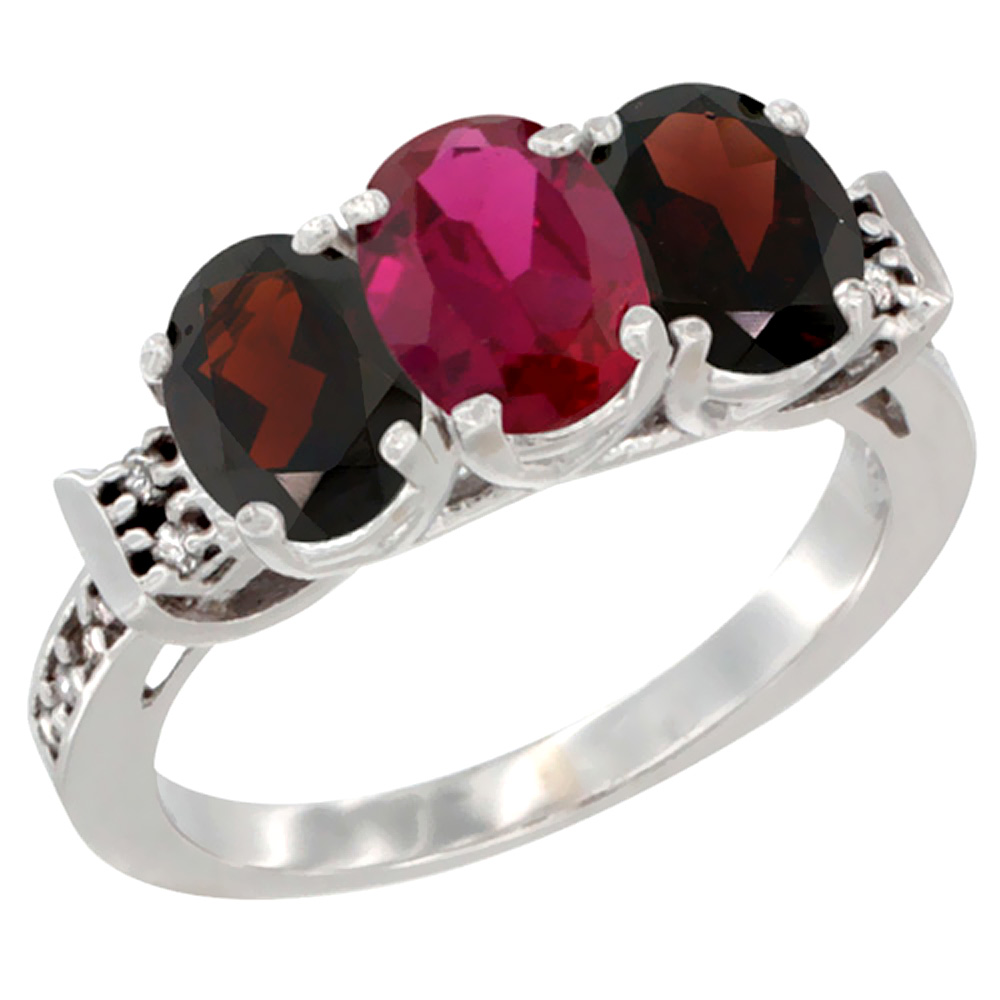 14K White Gold Enhanced Ruby & Natural Garnet Sides Ring 3-Stone 7x5 mm Oval Diamond Accent, sizes 5 - 10