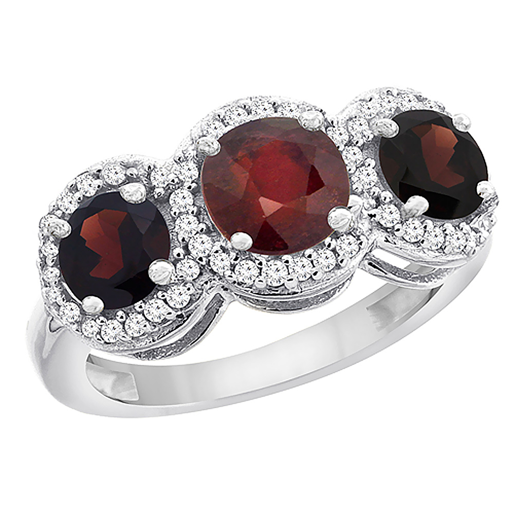 14K White Gold Enhanced Ruby &amp; Garnet Sides Round 3-stone Ring Diamond Accents, sizes 5 - 10