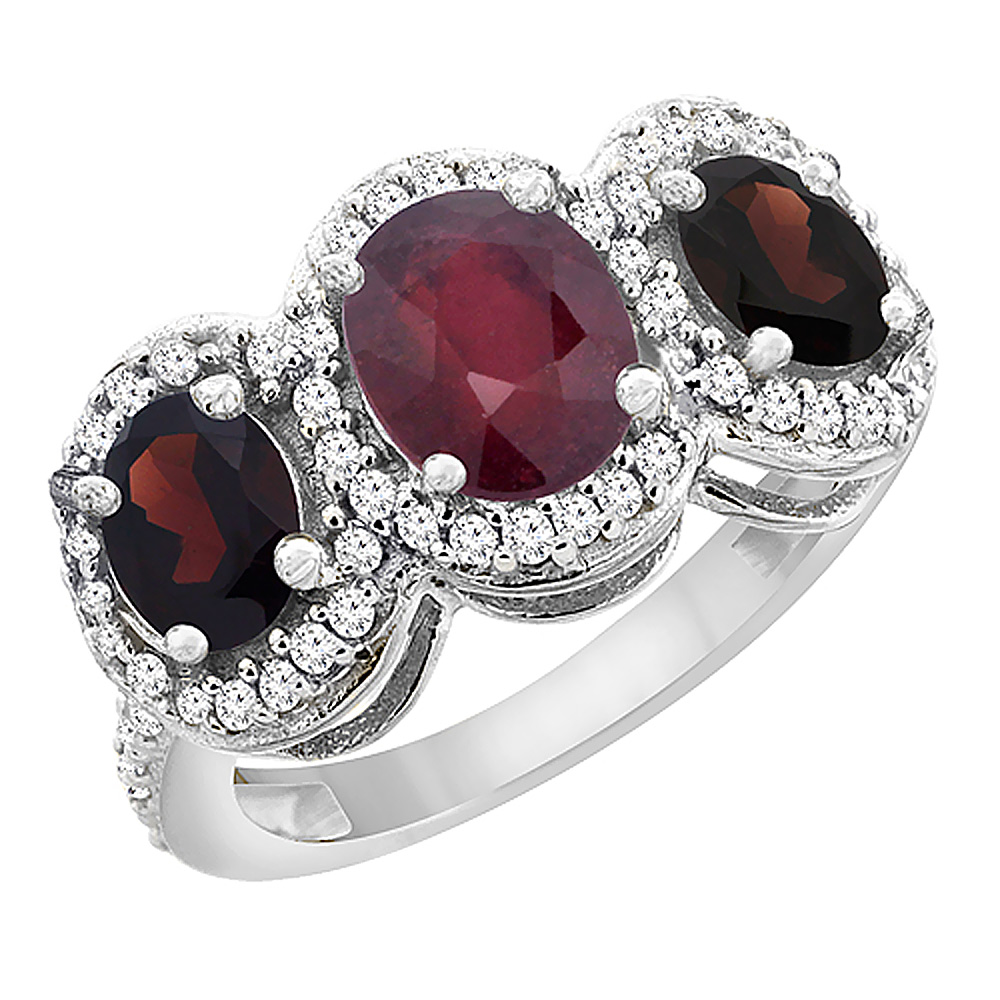 14K White Gold Natural Quality Ruby &amp; Garnet 3-stone Mothers Ring Oval Diamond Accent, size 5 - 10