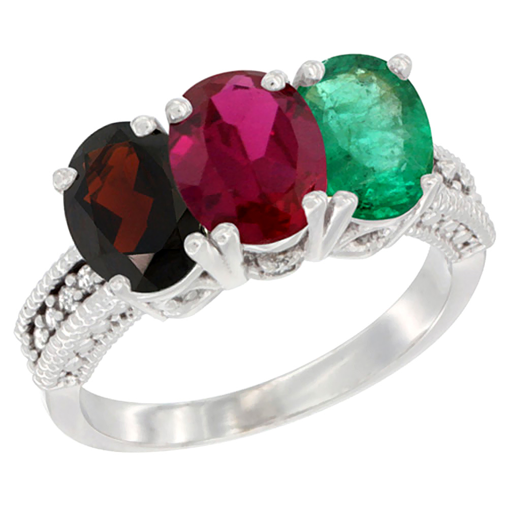 10K White Gold Natural Garnet, Enhanced Ruby & Natural Emerald Ring 3-Stone Oval 7x5 mm Diamond Accent, sizes 5 - 10