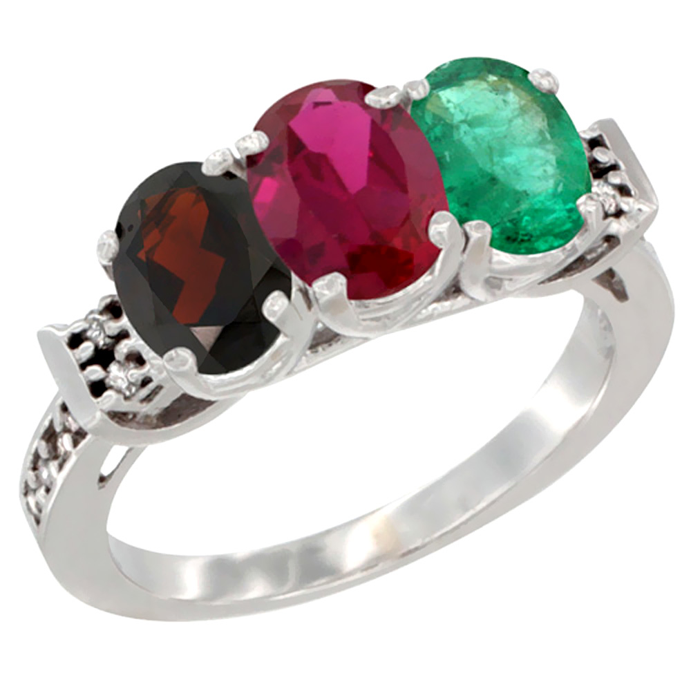 14K White Gold Natural Garnet, Enhanced Ruby &amp; Natural Emerald Ring 3-Stone 7x5 mm Oval Diamond Accent, sizes 5 - 10