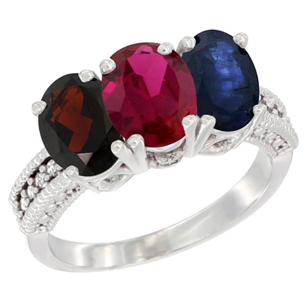 14K White Gold Natural Garnet, Enhanced Ruby & Natural Blue Sapphire Ring 3-Stone 7x5 mm Oval Diamond Accent, sizes 5 - 10