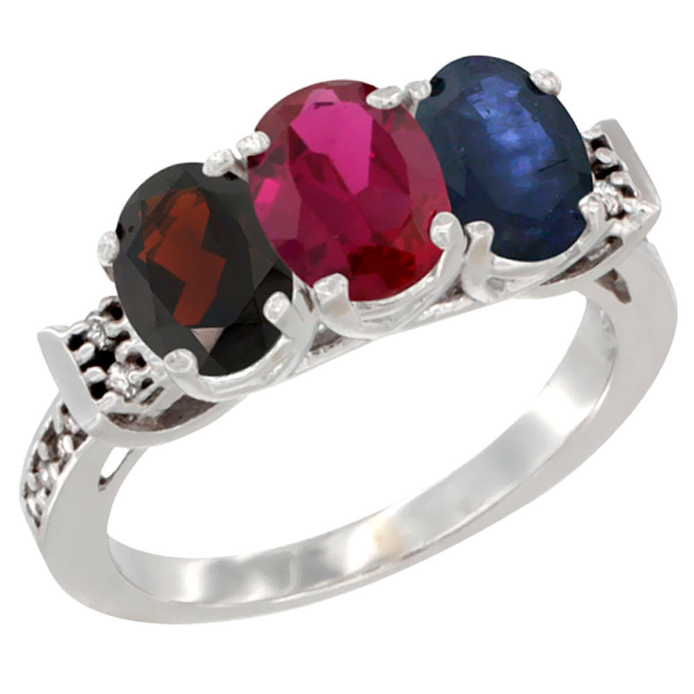 14K White Gold Natural Garnet, Enhanced Ruby &amp; Natural Blue Sapphire Ring 3-Stone 7x5 mm Oval Diamond Accent, sizes 5 - 10