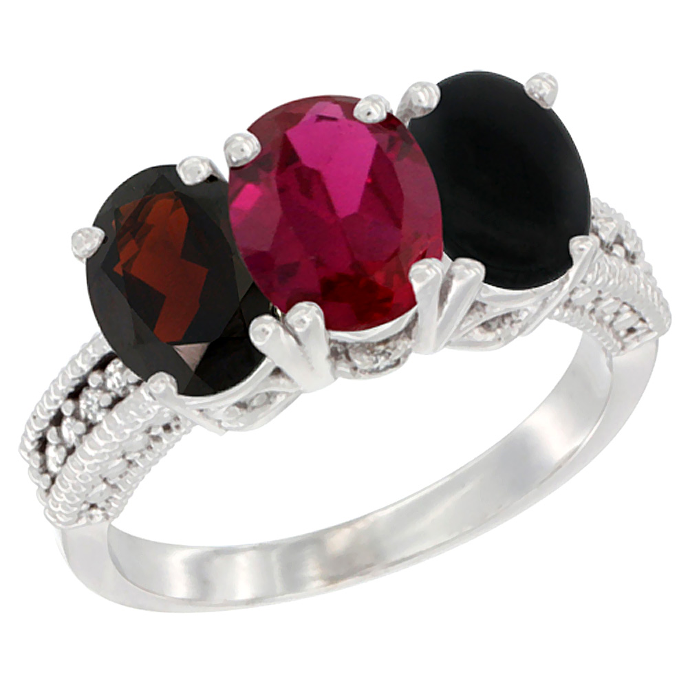 10K White Gold Natural Garnet, Enhanced Ruby &amp; Natural Black Onyx Ring 3-Stone Oval 7x5 mm Diamond Accent, sizes 5 - 10