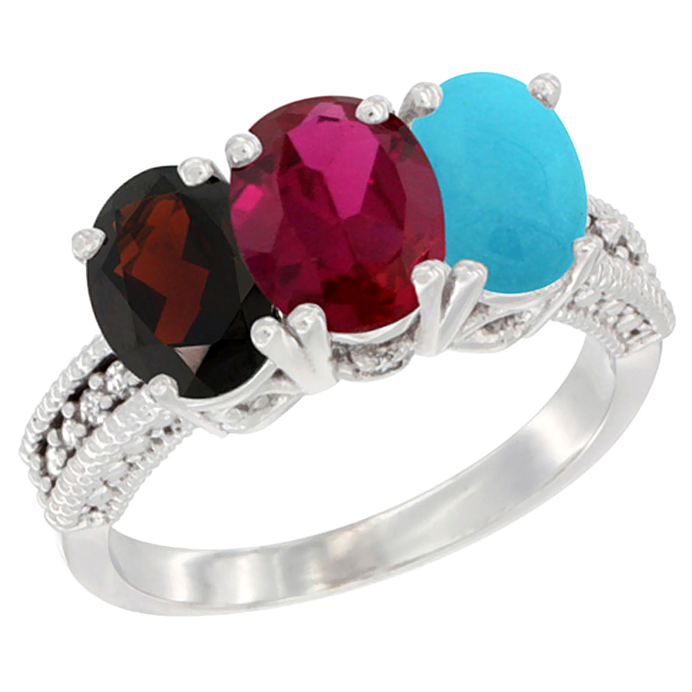 14K White Gold Natural Garnet, Enhanced Ruby &amp; Natural Turquoise Ring 3-Stone 7x5 mm Oval Diamond Accent, sizes 5 - 10