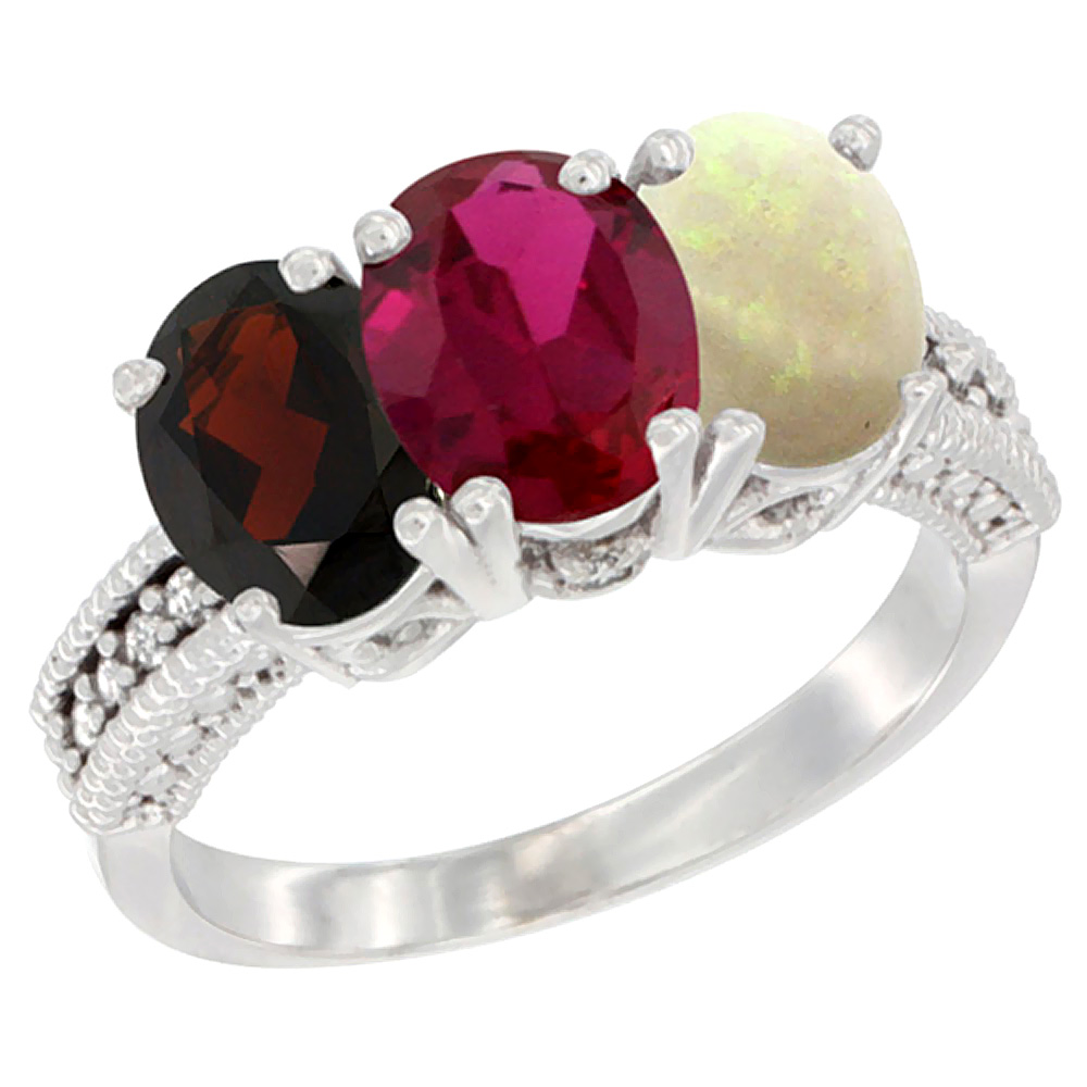 14K White Gold Natural Garnet, Enhanced Ruby &amp; Natural Opal Ring 3-Stone 7x5 mm Oval Diamond Accent, sizes 5 - 10