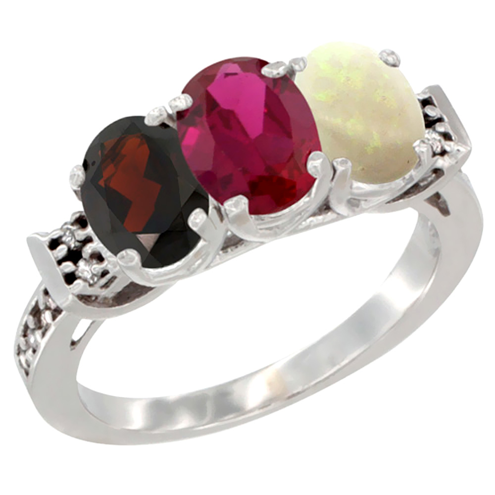 14K White Gold Natural Garnet, Enhanced Ruby & Natural Opal Ring 3-Stone 7x5 mm Oval Diamond Accent, sizes 5 - 10