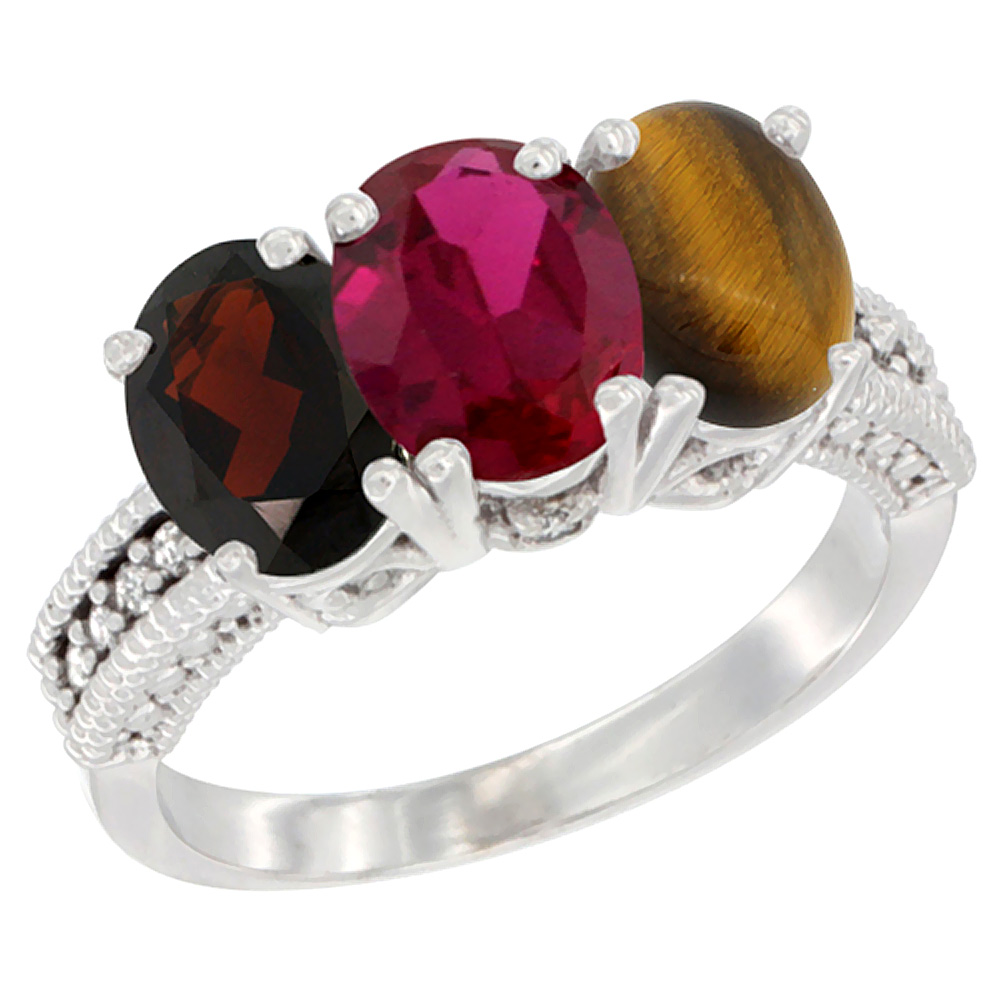 14K White Gold Natural Garnet, Enhanced Ruby &amp; Natural Tiger Eye Ring 3-Stone 7x5 mm Oval Diamond Accent, sizes 5 - 10