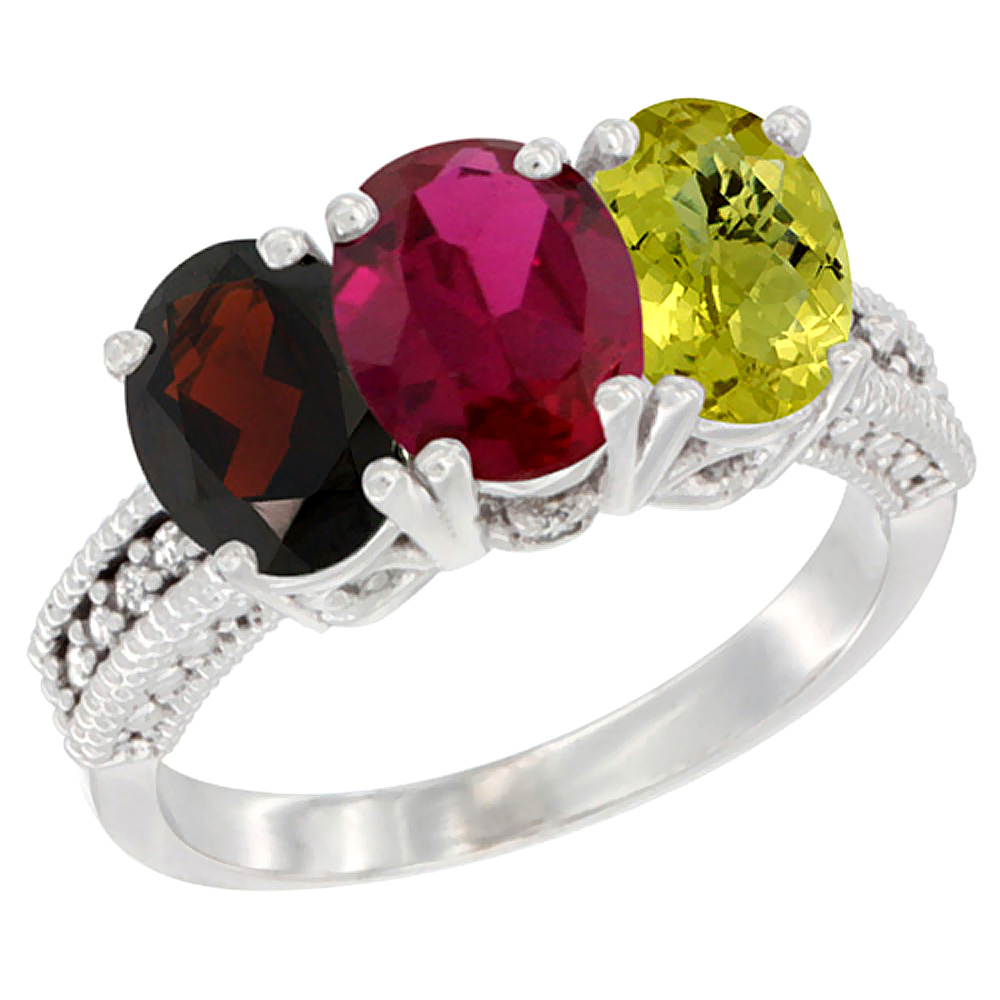 14K White Gold Natural Garnet, Enhanced Ruby & Natural Lemon Quartz Ring 3-Stone 7x5 mm Oval Diamond Accent, sizes 5 - 10