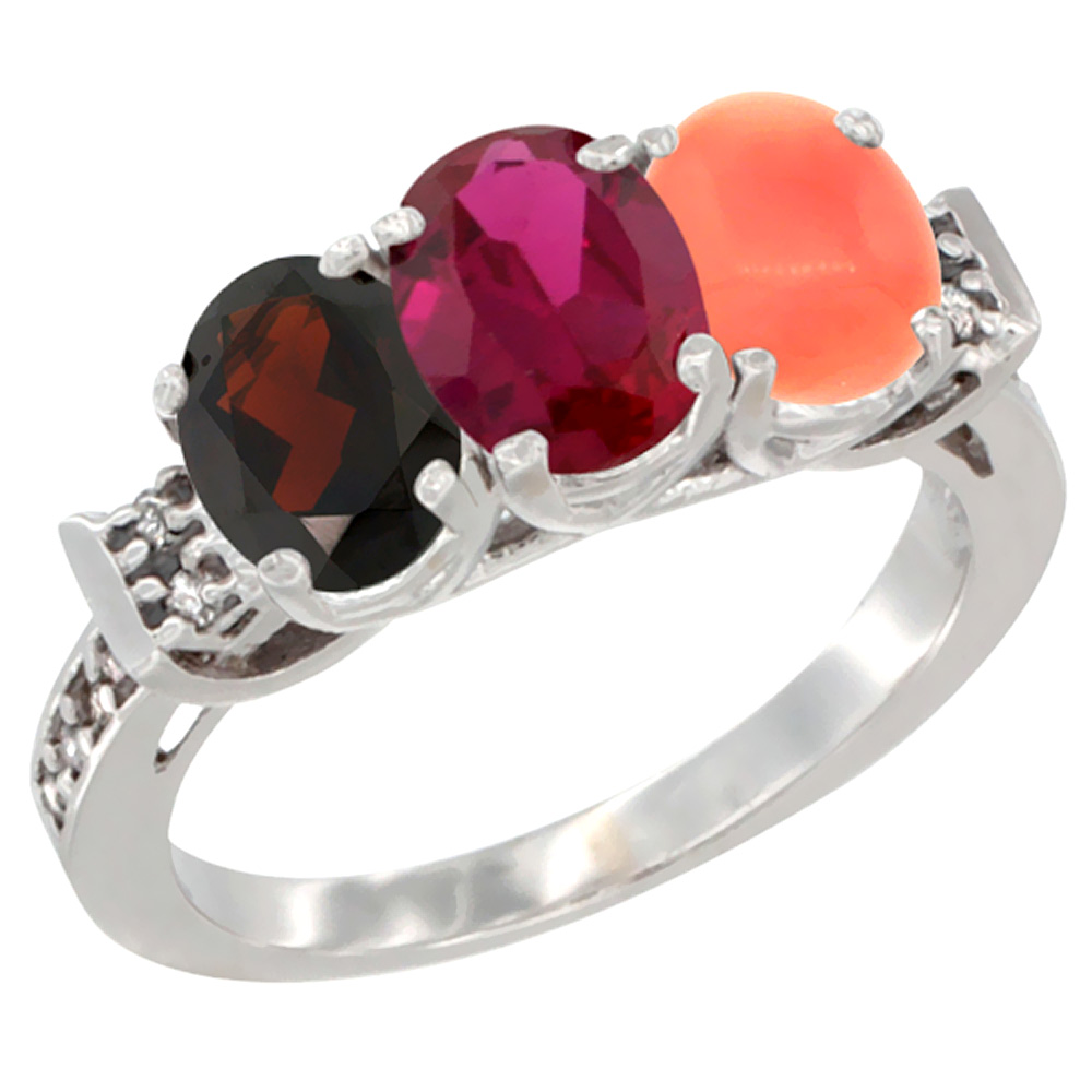10K White Gold Natural Garnet, Enhanced Ruby & Natural Coral Ring 3-Stone Oval 7x5 mm Diamond Accent, sizes 5 - 10