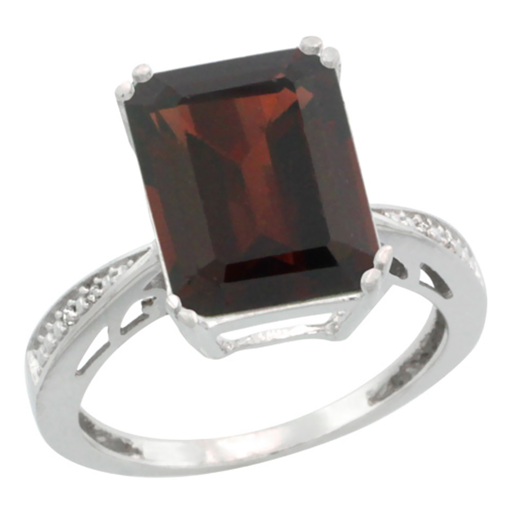14K White Gold Diamond Natural Garnet Ring Emerald-cut 12x10mm, sizes 5-10