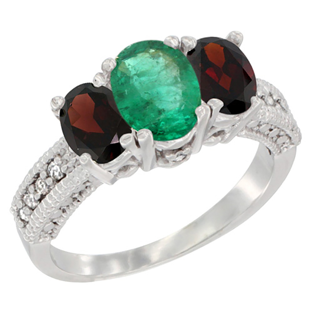 10K White Gold Diamond Natural Quality Emerald 7x5mm &amp; 6x4mm Garnet Oval 3-stone Mothers Ring,size 5 - 10