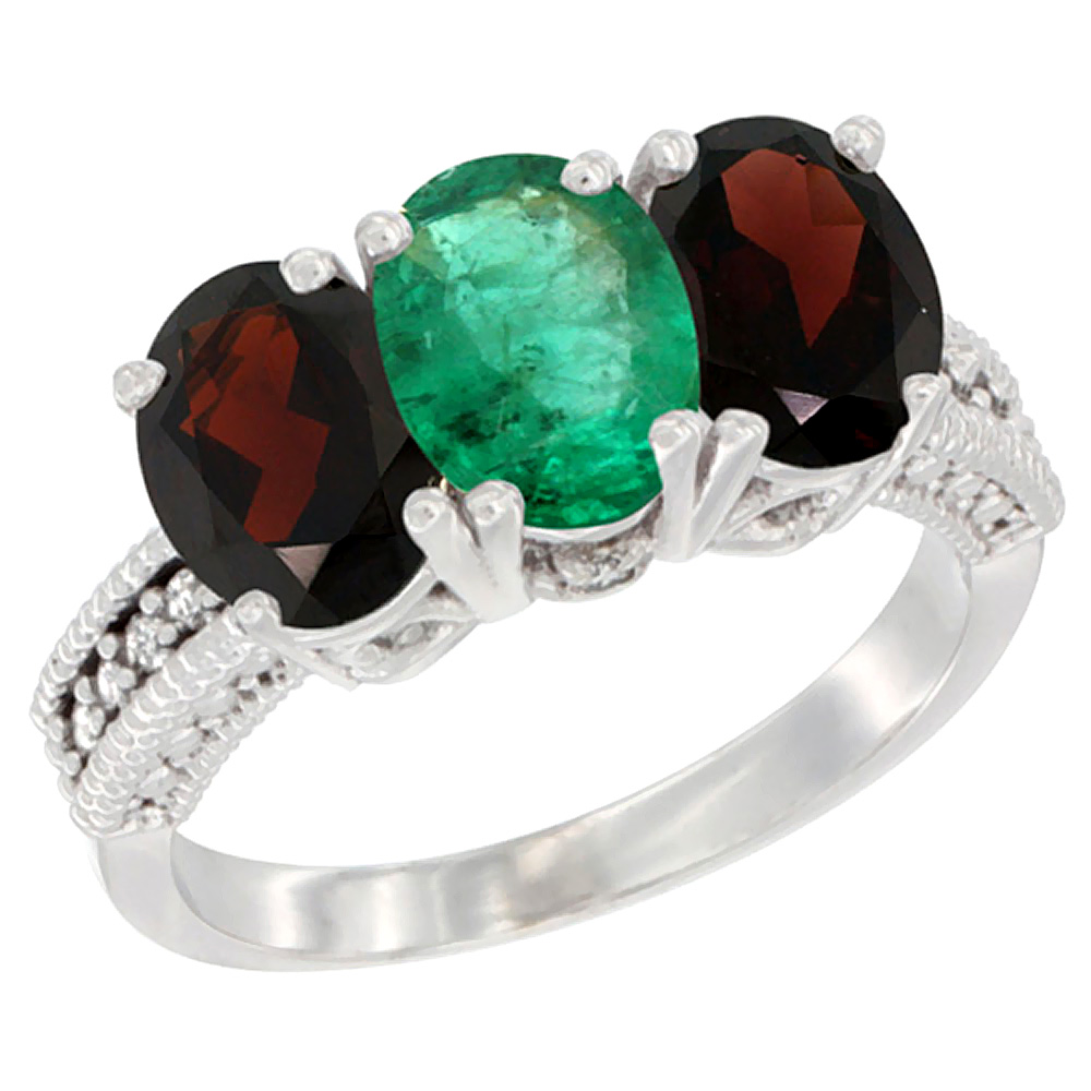 14K White Gold Natural Emerald &amp; Garnet Sides Ring 3-Stone 7x5 mm Oval Diamond Accent, sizes 5 - 10