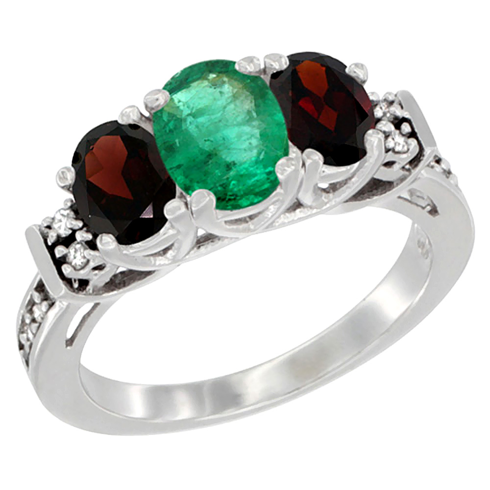 14K White Gold Natural Emerald &amp; Garnet Ring 3-Stone Oval Diamond Accent, sizes 5-10