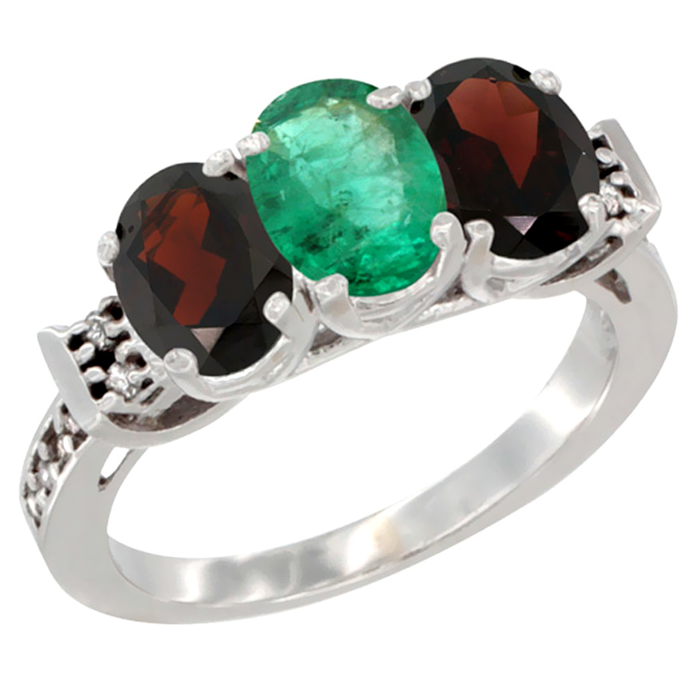 10K White Gold Natural Emerald &amp; Garnet Sides Ring 3-Stone Oval 7x5 mm Diamond Accent, sizes 5 - 10