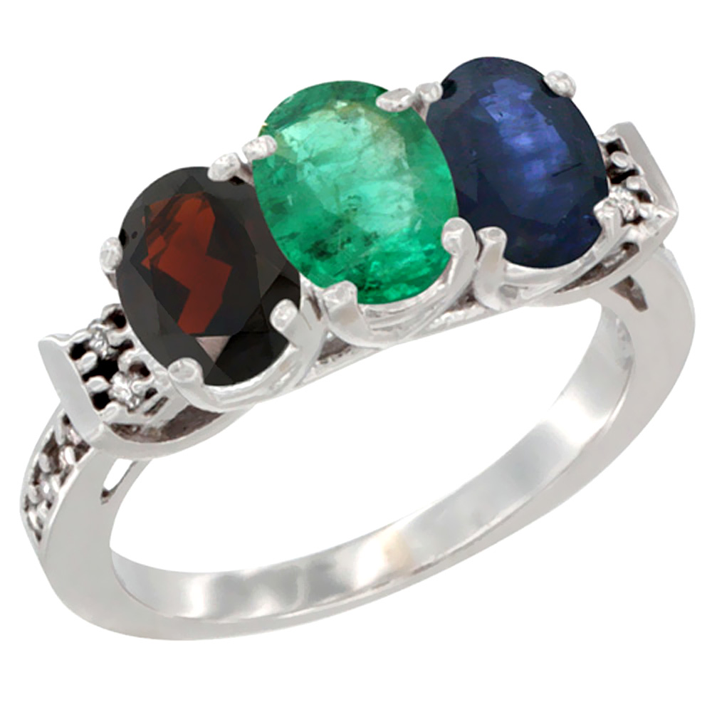 14K White Gold Natural Garnet, Emerald &amp; Blue Sapphire Ring 3-Stone 7x5 mm Oval Diamond Accent, sizes 5 - 10