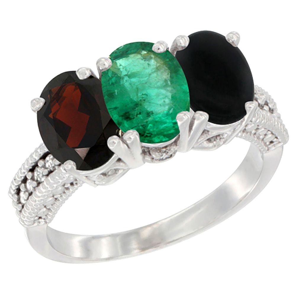 14K White Gold Natural Garnet, Emerald &amp; Black Onyx Ring 3-Stone 7x5 mm Oval Diamond Accent, sizes 5 - 10