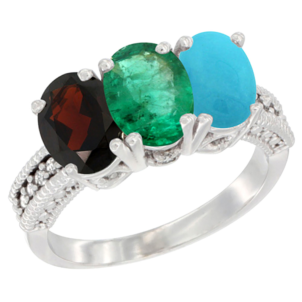 14K White Gold Natural Garnet, Emerald &amp; Turquoise Ring 3-Stone 7x5 mm Oval Diamond Accent, sizes 5 - 10