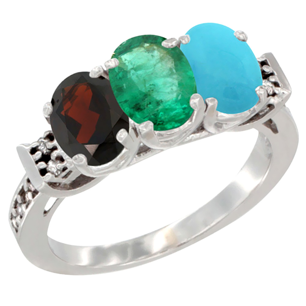 10K White Gold Natural Garnet, Emerald &amp; Turquoise Ring 3-Stone Oval 7x5 mm Diamond Accent, sizes 5 - 10