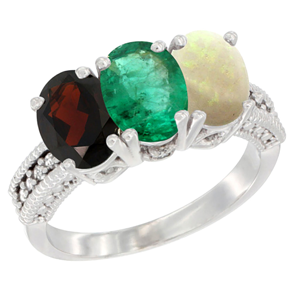 10K White Gold Natural Garnet, Emerald & Opal Ring 3-Stone Oval 7x5 mm Diamond Accent, sizes 5 - 10