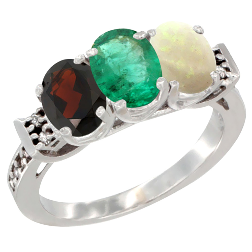 14K White Gold Natural Garnet, Emerald & Opal Ring 3-Stone 7x5 mm Oval Diamond Accent, sizes 5 - 10