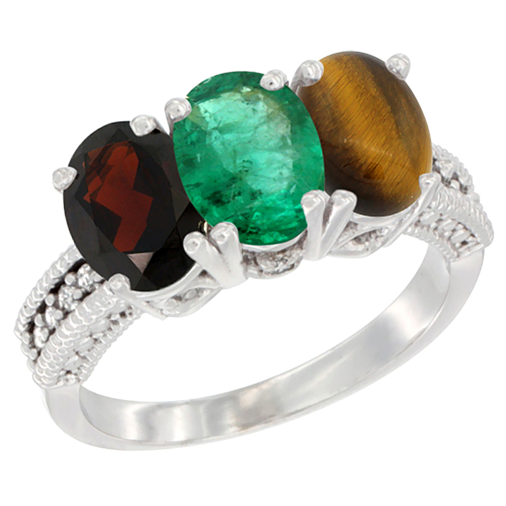 10K White Gold Natural Garnet, Emerald &amp; Tiger Eye Ring 3-Stone Oval 7x5 mm Diamond Accent, sizes 5 - 10