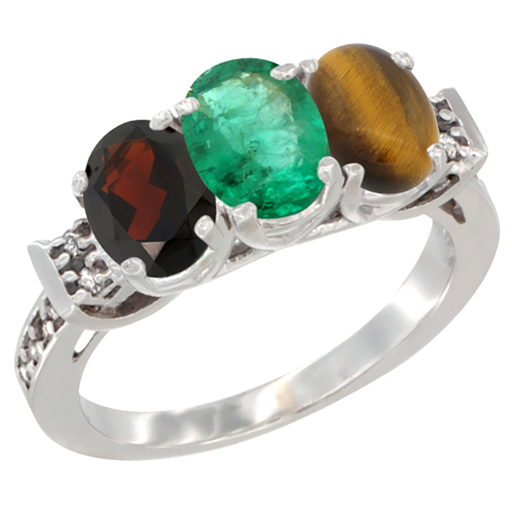 10K White Gold Natural Garnet, Emerald &amp; Tiger Eye Ring 3-Stone Oval 7x5 mm Diamond Accent, sizes 5 - 10