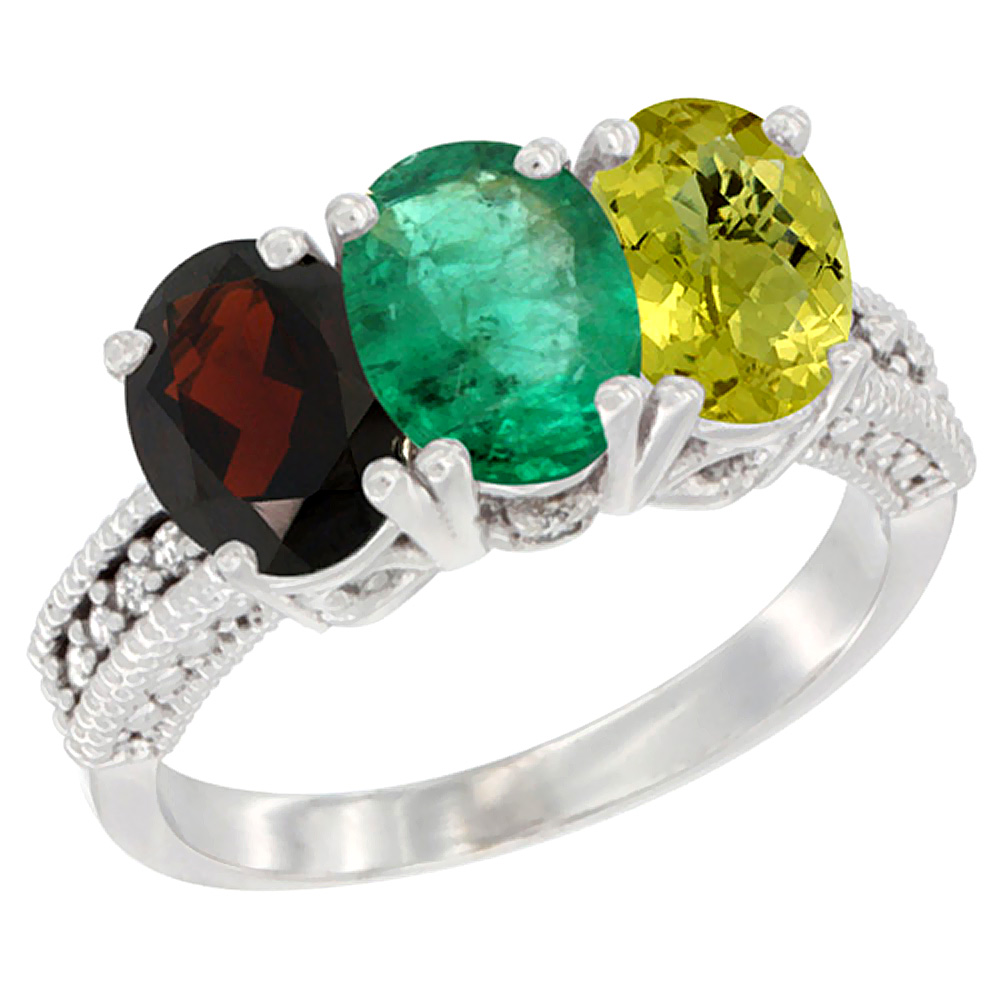 14K White Gold Natural Garnet, Emerald &amp; Lemon Quartz Ring 3-Stone 7x5 mm Oval Diamond Accent, sizes 5 - 10