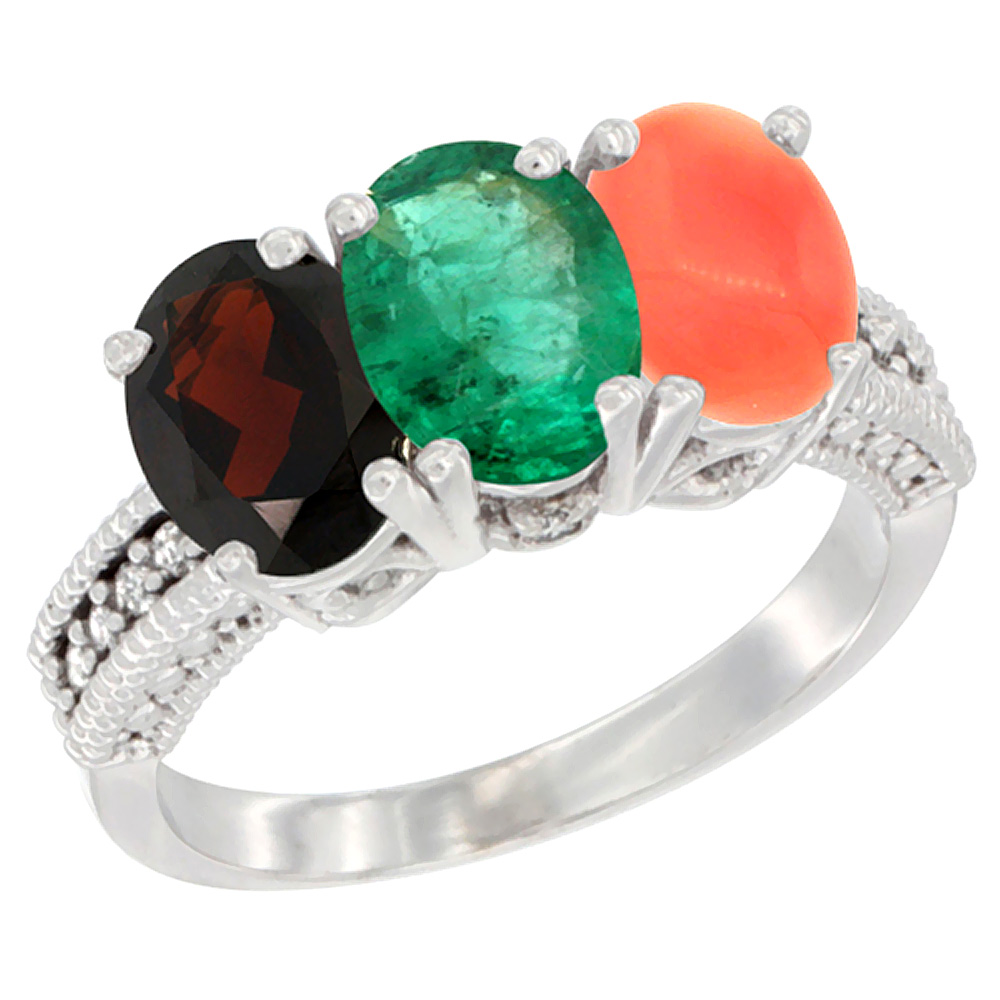 14K White Gold Natural Garnet, Emerald & Coral Ring 3-Stone 7x5 mm Oval Diamond Accent, sizes 5 - 10