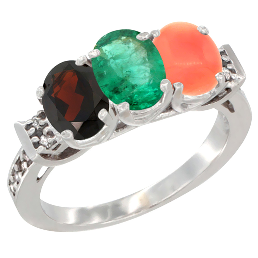 14K White Gold Natural Garnet, Emerald &amp; Coral Ring 3-Stone 7x5 mm Oval Diamond Accent, sizes 5 - 10