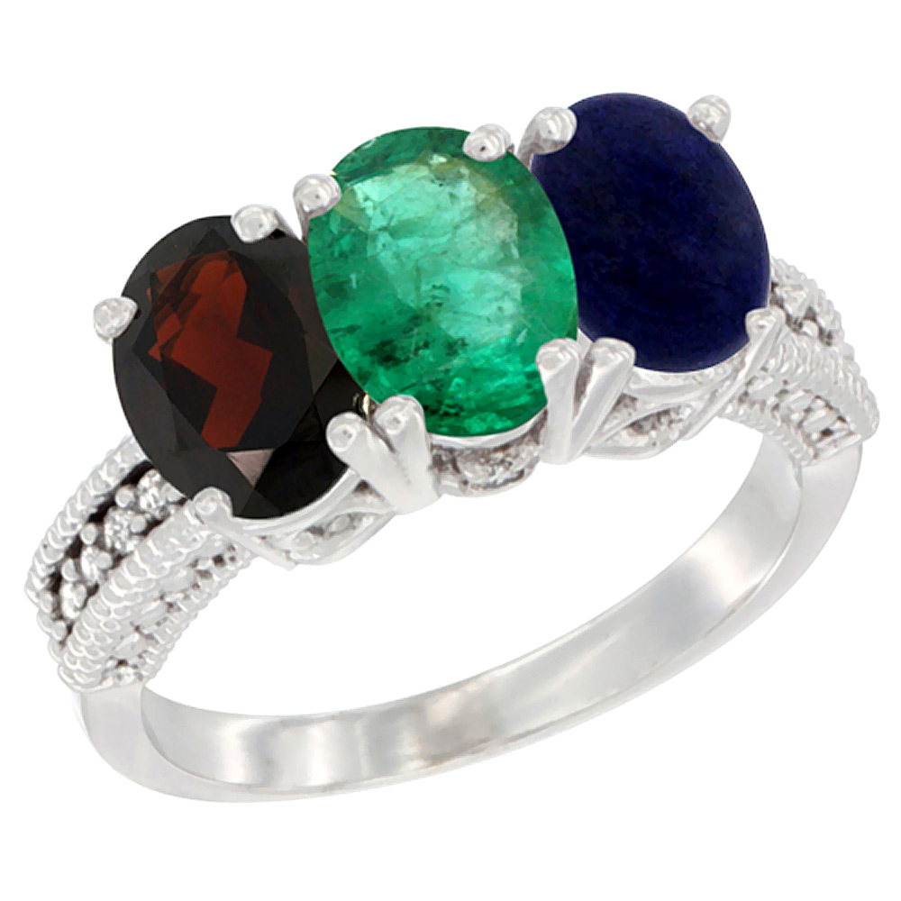 14K White Gold Natural Garnet, Emerald &amp; Lapis Ring 3-Stone 7x5 mm Oval Diamond Accent, sizes 5 - 10