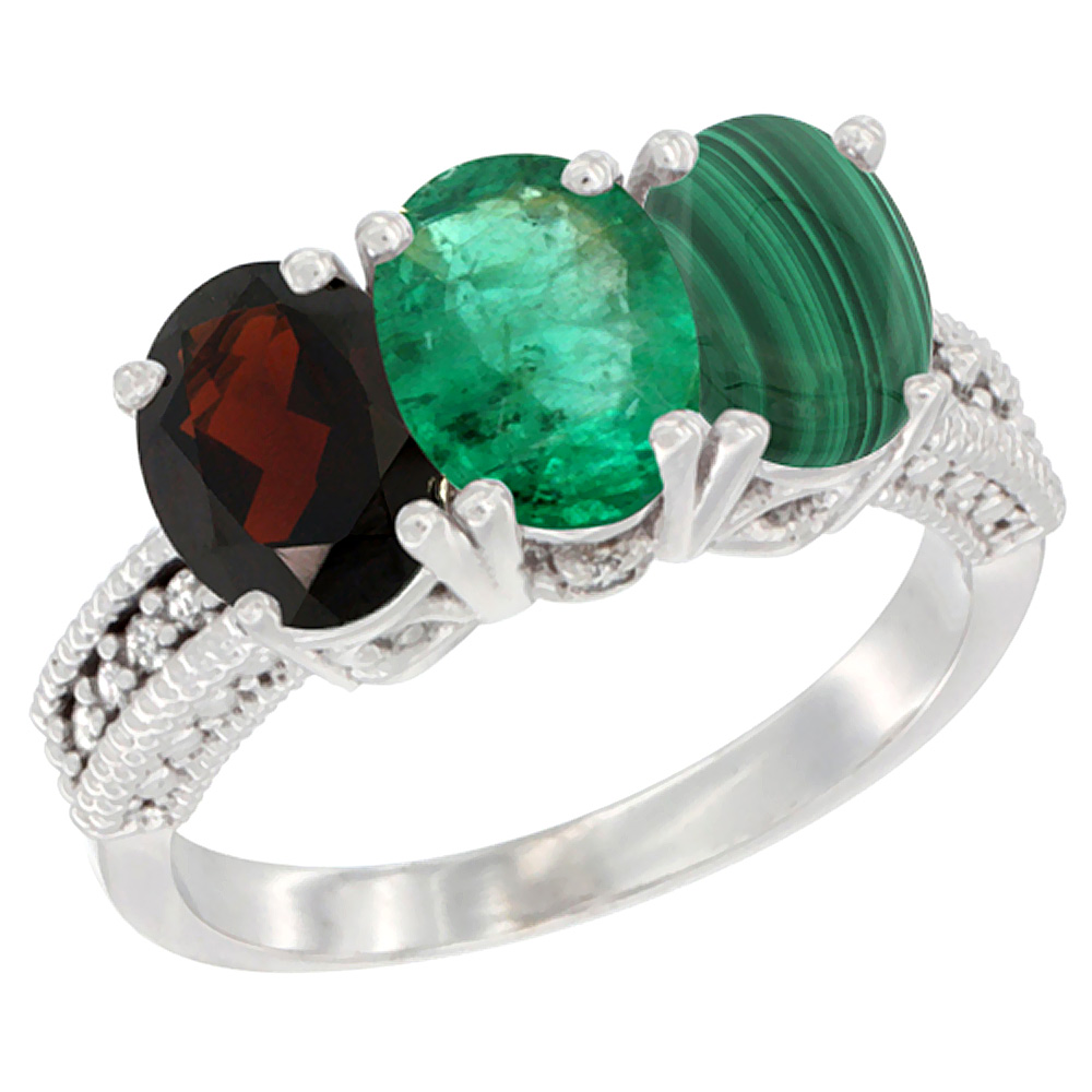 10K White Gold Natural Garnet, Emerald &amp; Malachite Ring 3-Stone Oval 7x5 mm Diamond Accent, sizes 5 - 10