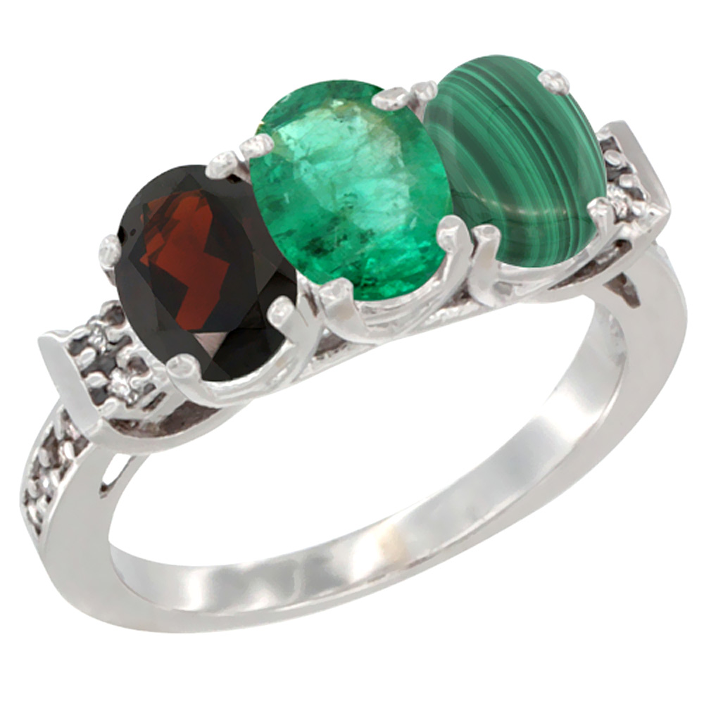 14K White Gold Natural Garnet, Emerald &amp; Malachite Ring 3-Stone 7x5 mm Oval Diamond Accent, sizes 5 - 10