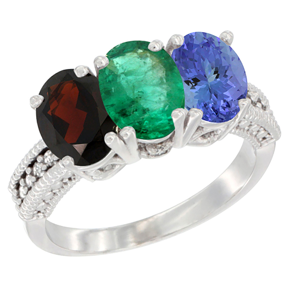 14K White Gold Natural Garnet, Emerald &amp; Tanzanite Ring 3-Stone 7x5 mm Oval Diamond Accent, sizes 5 - 10