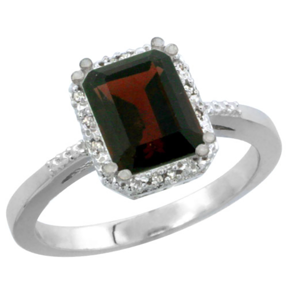 14K White Gold Natural Garnet Ring Emerald-shape 8x6mm Diamond Accent, sizes 5-10